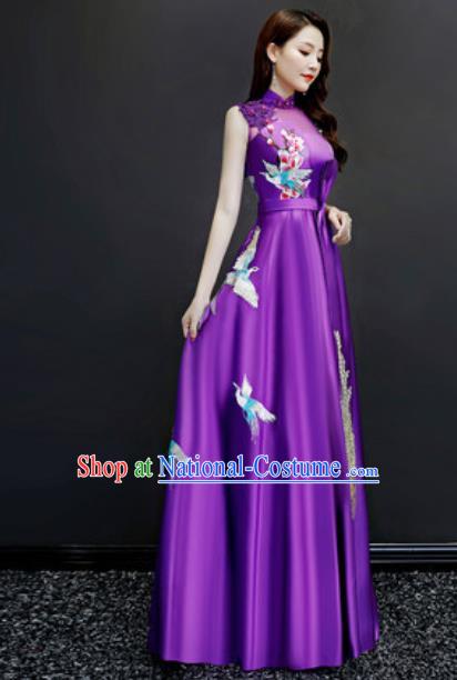 Chinese Traditional Embroidered Purple Dress Compere Cheongsam Costume for Women