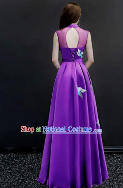 Chinese Traditional Embroidered Purple Dress Compere Cheongsam Costume for Women