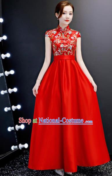 Chinese Traditional Red Qipao Dress Compere Cheongsam Costume for Women