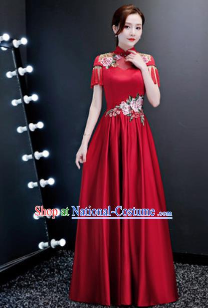 Top Compere Catwalks Embroidered Peony Wine Red Full Dress Evening Party Costume for Women