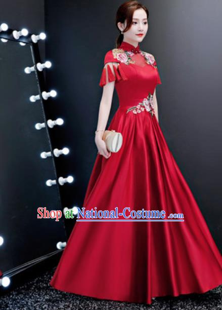 Top Compere Catwalks Embroidered Peony Wine Red Full Dress Evening Party Costume for Women