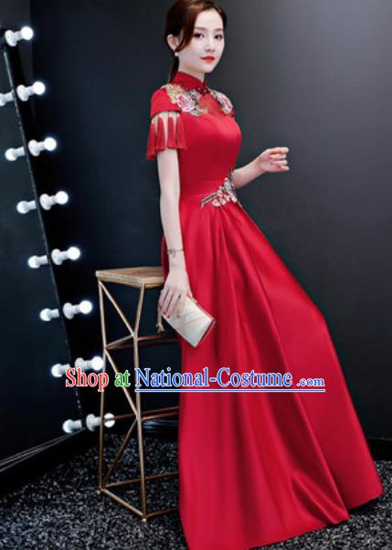 Top Compere Catwalks Embroidered Peony Wine Red Full Dress Evening Party Costume for Women