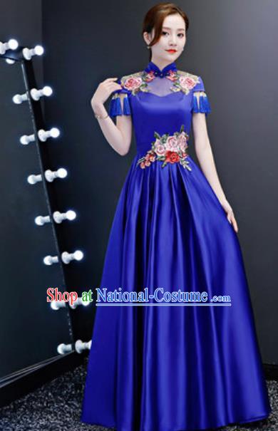 Top Compere Catwalks Embroidered Peony Royalblue Full Dress Evening Party Costume for Women