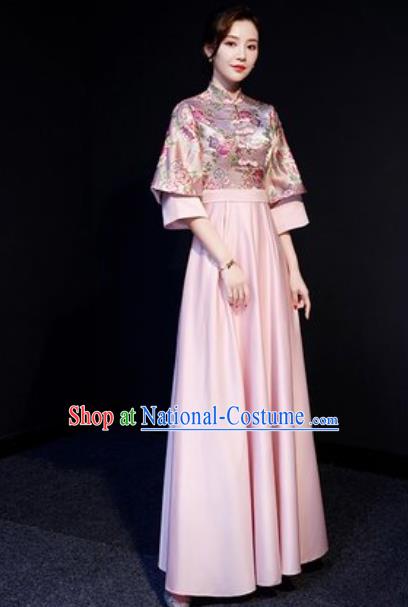 Chinese Traditional Bridesmaid Embroidered Pink Full Dress Spring Festival Gala Compere Cheongsam Costume for Women