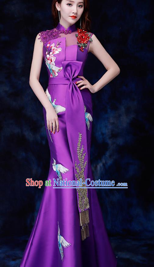 Chinese Traditional Embroidered Birds Purple Qipao Dress Compere Cheongsam Costume for Women