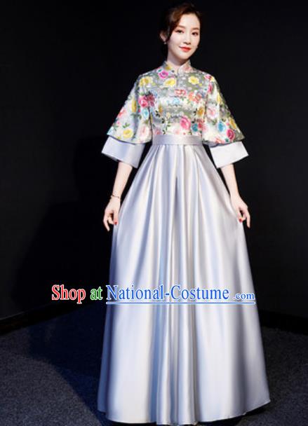 Chinese Traditional Bridesmaid Embroidered Grey Full Dress Spring Festival Gala Compere Cheongsam Costume for Women