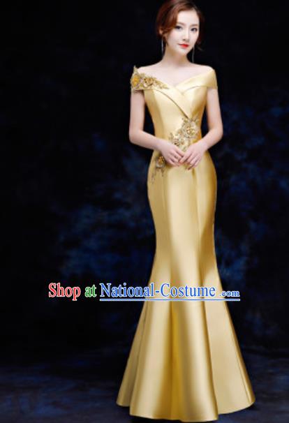 Top Compere Catwalks Embroidered Golden Full Dress Evening Party Compere Costume for Women