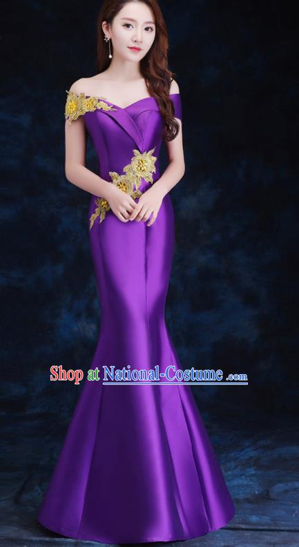 Top Compere Catwalks Embroidered Purple Full Dress Evening Party Compere Costume for Women