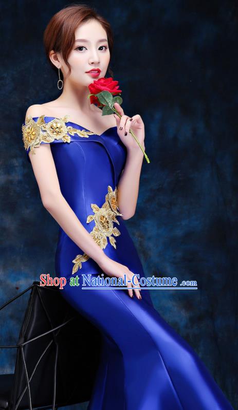 Top Compere Catwalks Embroidered Royalblue Full Dress Evening Party Compere Costume for Women