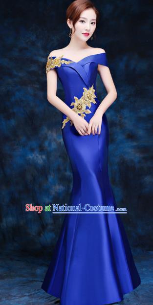 Top Compere Catwalks Embroidered Royalblue Full Dress Evening Party Compere Costume for Women