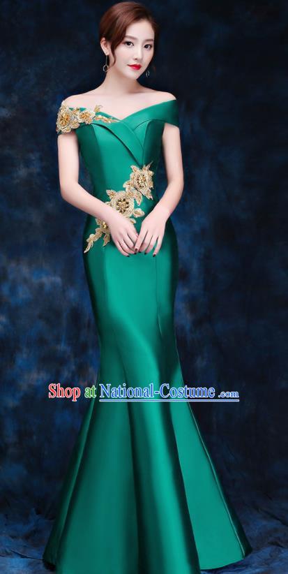 Top Compere Catwalks Embroidered Green Full Dress Evening Party Compere Costume for Women