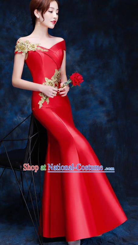 Top Compere Catwalks Embroidered Red Full Dress Evening Party Compere Costume for Women