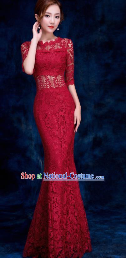 Top Compere Catwalks Wine Red Lace Full Dress Evening Party Compere Costume for Women