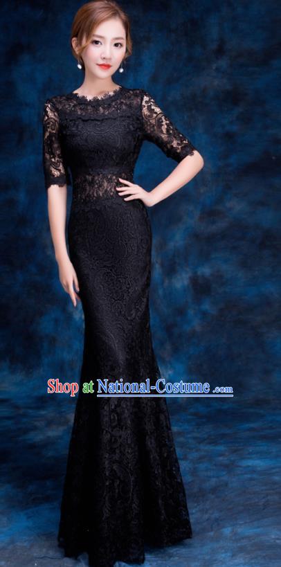 Top Compere Catwalks Black Lace Full Dress Evening Party Compere Costume for Women