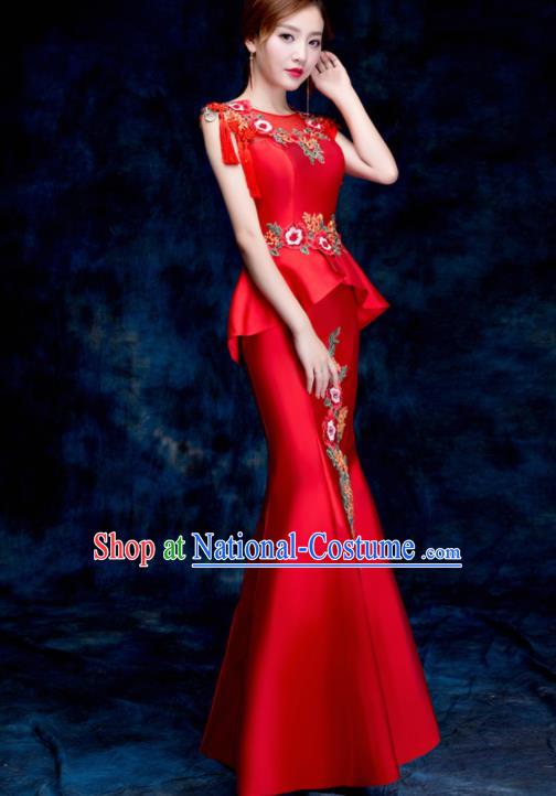 Top Compere Catwalks Embroidered Peony Red Full Dress Evening Party Compere Costume for Women