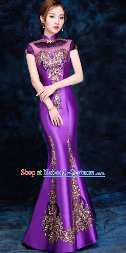 Chinese Traditional Embroidered Sequins Purple Qipao Dress Compere Cheongsam Costume for Women