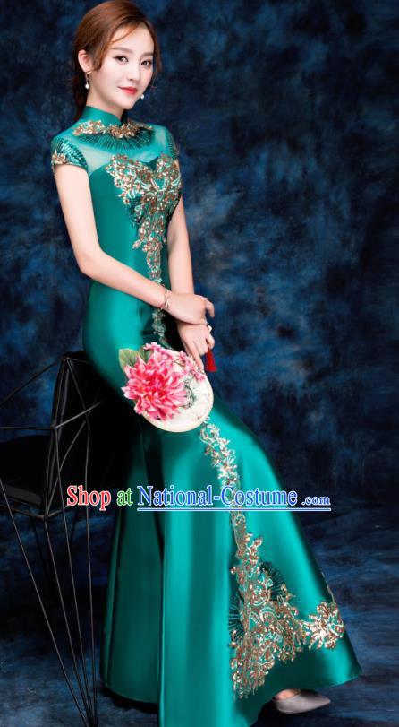 Chinese Traditional Embroidered Sequins Green Qipao Dress Compere Cheongsam Costume for Women