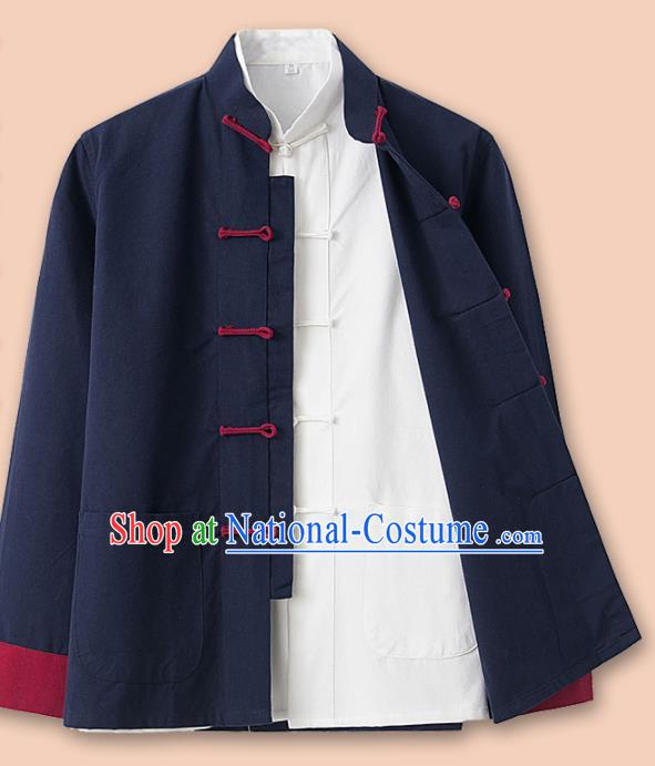 Chinese National Tang Suit Navy Linen Jacket and Shirt Traditional Martial Arts Costumes for Men