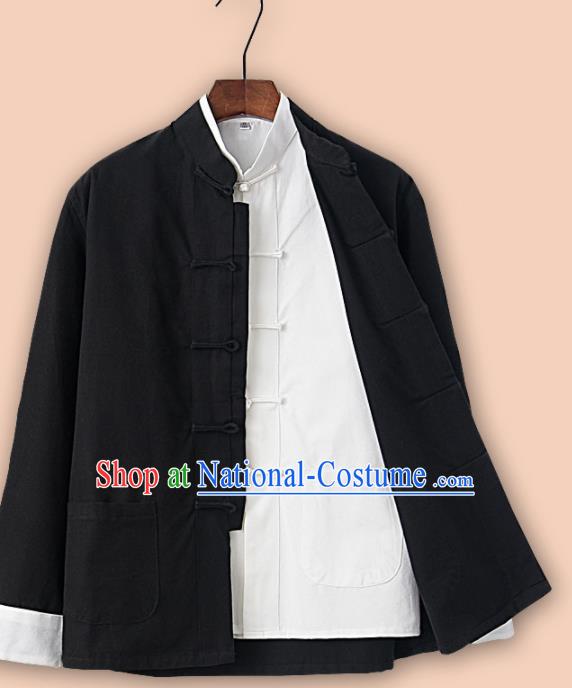 Chinese National Tang Suit Black Linen Jacket and Shirt Traditional Martial Arts Costumes for Men