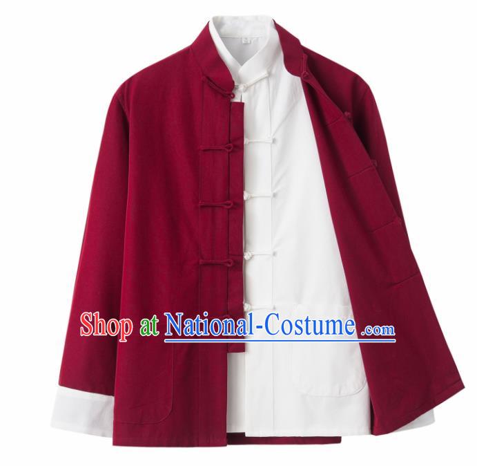 Chinese National Tang Suit Wine Red Linen Jacket and Shirt Traditional Martial Arts Costumes for Men