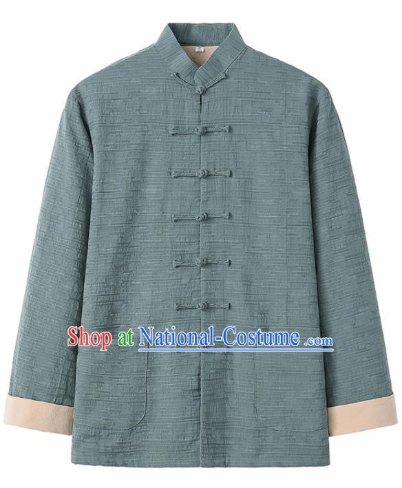 Chinese National Tang Suit Green Flax Jacket Overcoat Traditional Martial Arts Costumes for Men