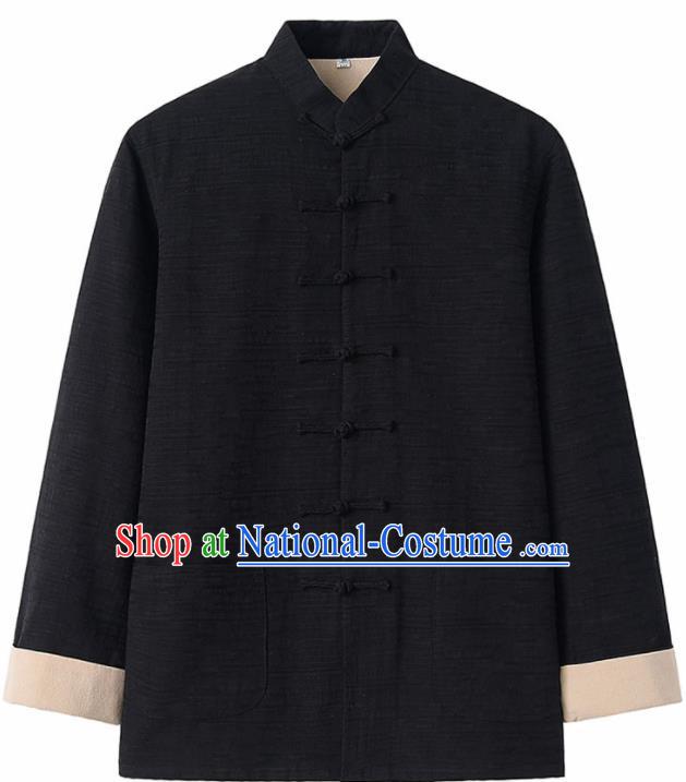 Chinese National Tang Suit Black Flax Jacket Overcoat Traditional Martial Arts Costumes for Men