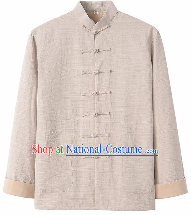 Chinese National Tang Suit Beige Flax Jacket Overcoat Traditional Martial Arts Costumes for Men