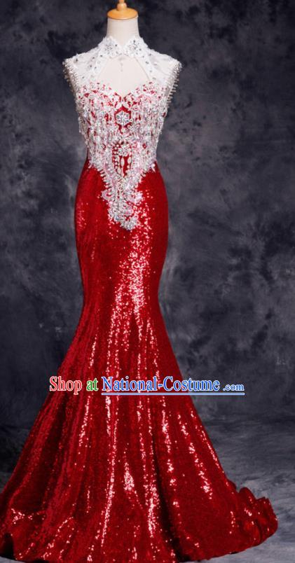 Top Compere Catwalks Red Diamante Sequins Full Dress Evening Party Compere Costume for Women