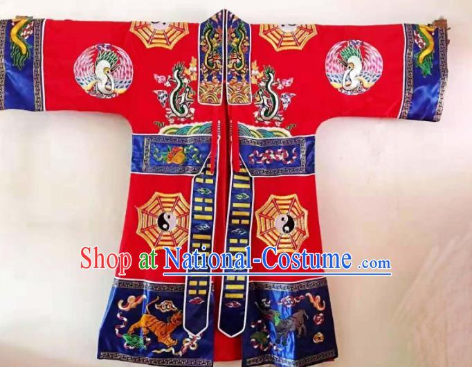 Chinese National Taoist Embroidered Red Priest Frock Cassock Traditional Taoism Rites Costume for Men