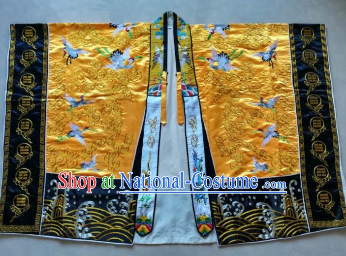 Chinese National Taoist Embroidered Cranes Yellow Priest Frock Cassock Traditional Taoism Rites Costume for Men