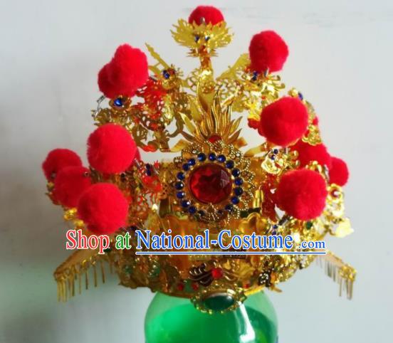 Chinese Traditional Guan Gong God Statue Golden Hat Taoism Deity Headwear