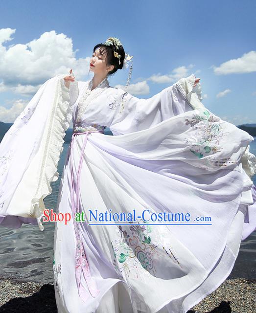 Chinese Jin Dynasty Imperial Consort Lilac Embroidered Dress Traditional Ancient Fairy Goddess Costumes for Women