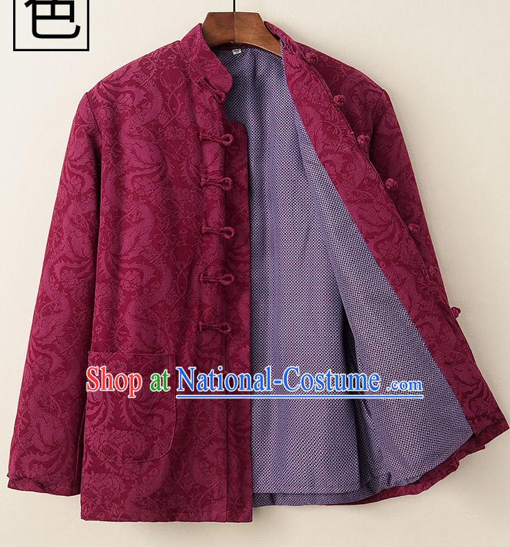 Chinese National Tang Suit Wine Red Cotton Padded Coat Traditional Tai Chi Jacket Costumes for Women