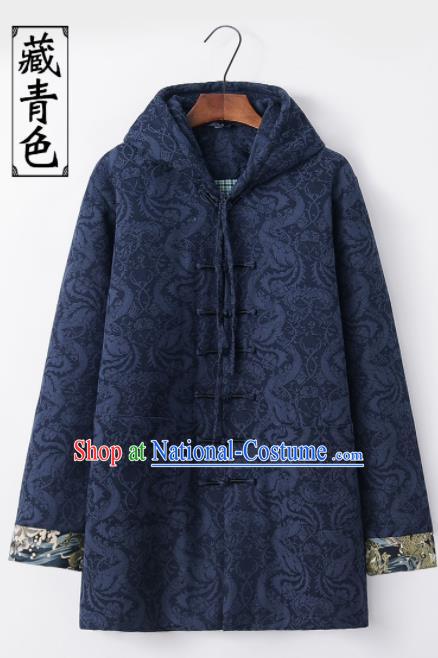 Chinese National Tang Suit Navy Hooded Cotton Wadded Jacket Traditional Martial Arts Costumes for Men