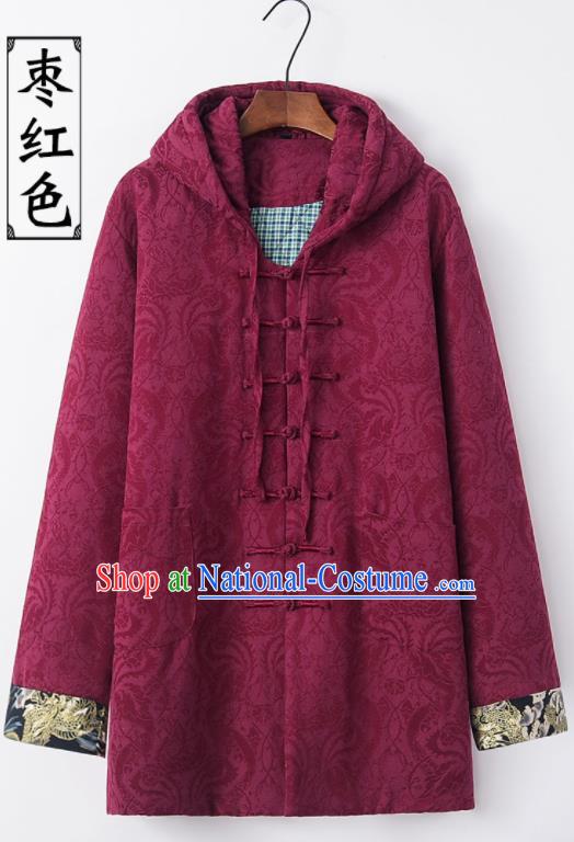 Chinese National Tang Suit Purplish Red Hooded Cotton Wadded Jacket Traditional Martial Arts Costumes for Men