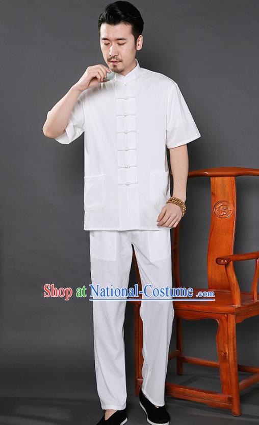 Chinese National White Shirt and Pants Traditional Tang Suit Martial Arts Costumes Complete Set for Men