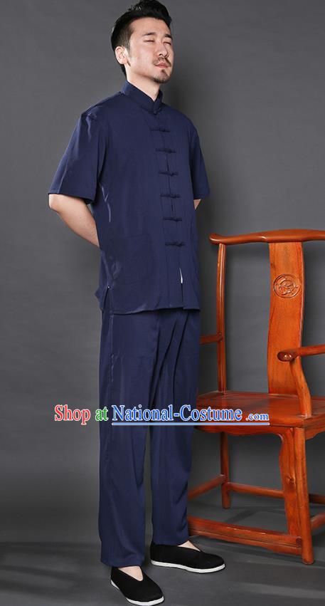 Chinese National Navy Shirt and Pants Traditional Tang Suit Martial Arts Costumes Complete Set for Men