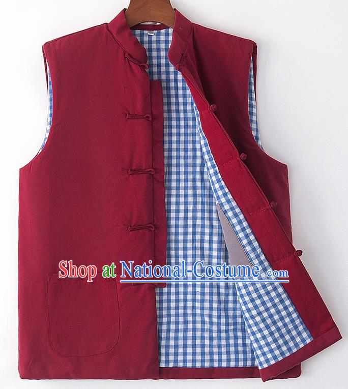 Chinese National Tang Suit Wine Red Vest Traditional Martial Arts Waistcoat Costumes for Men