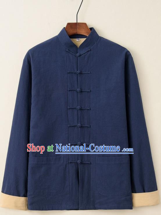 Chinese National Tang Suit Navy Upper Outer Garment Jacket Traditional Martial Arts Costumes for Men