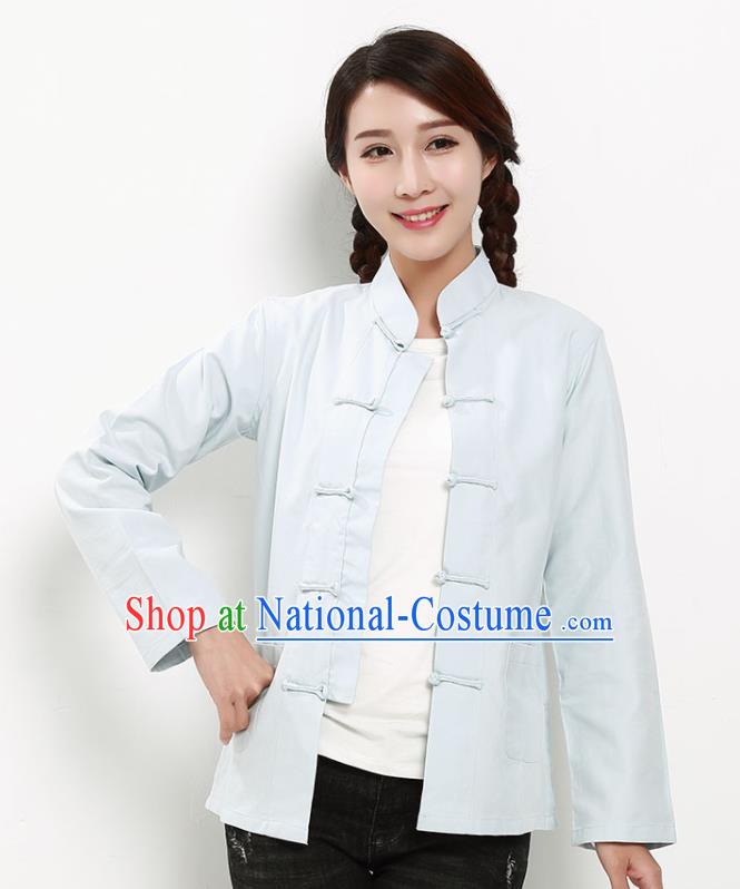 Chinese National Tang Suit Light Blue Blouse Traditional Martial Arts Shirt Costumes for Women