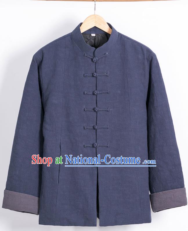 Chinese National Tang Suit Navy Cotton Wadded Jacket Traditional Martial Arts Overcoat Costumes for Men