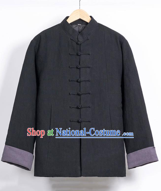 Chinese National Tang Suit Black Cotton Wadded Jacket Traditional Martial Arts Overcoat Costumes for Men