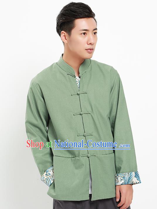 Chinese National Tang Suit Green Flax Shirt Traditional Martial Arts Upper Outer Garment Costumes for Men