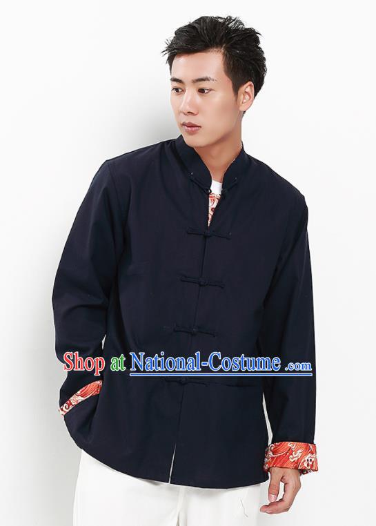 Chinese National Tang Suit Navy Flax Shirt Traditional Martial Arts Upper Outer Garment Costumes for Men