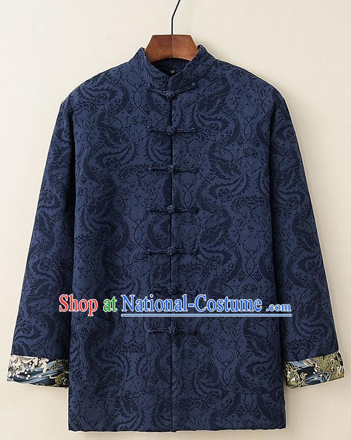 Chinese National Tang Suit Navy Thicken Jacket Traditional Martial Arts Costumes for Men