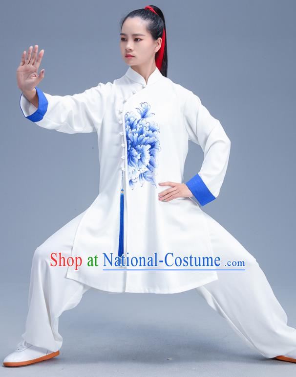 Chinese Traditional Kung Fu Competition Printing Peony White Garment Outfits Martial Arts Stage Show Costumes for Women