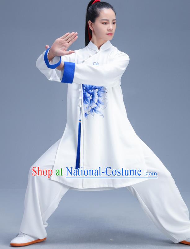 Chinese Traditional Kung Fu Competition Printing Peony White Garment Outfits Martial Arts Stage Show Costumes for Women