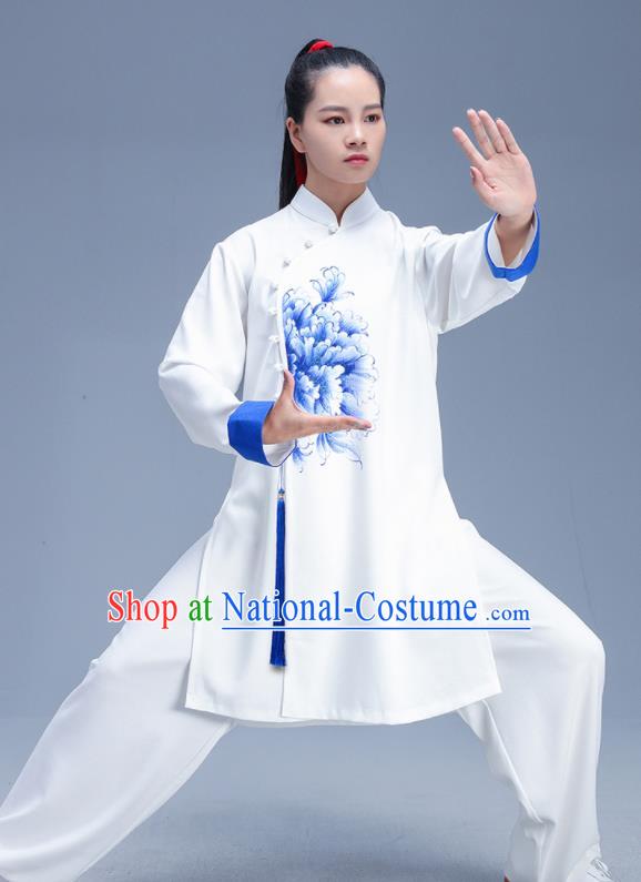 Chinese Traditional Kung Fu Competition Printing Peony White Garment Outfits Martial Arts Stage Show Costumes for Women