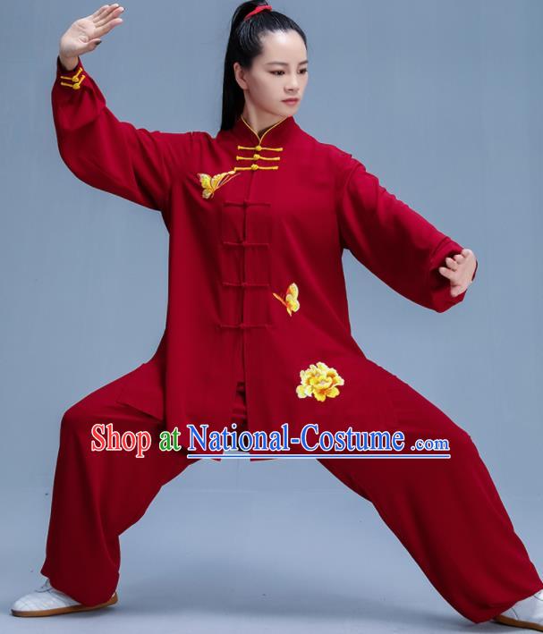 Chinese Traditional Kung Fu Printing Peony Wine Red Garment Outfits Martial Arts Stage Show Costumes for Women