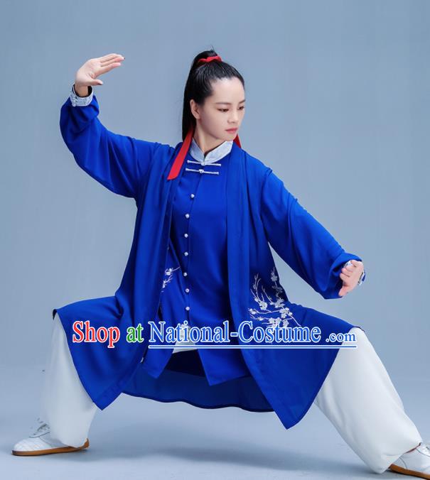 Chinese Traditional Kung Fu Printing Plum Royalblue Garment Outfits Martial Arts Stage Show Costumes for Women